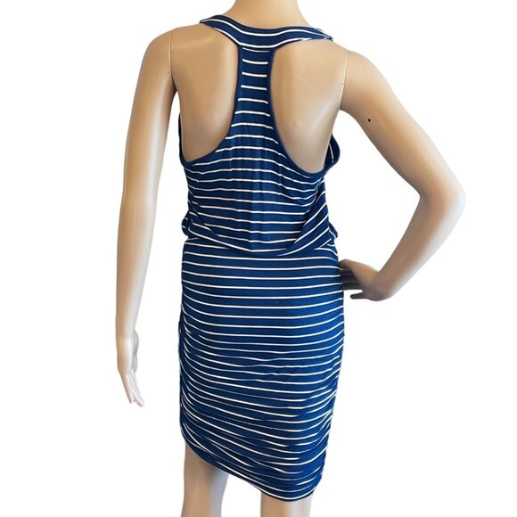 Athleta Striped Racerback Dress Size Small Navy Blue White Ruched Stretch Knit - Picture 3 of 12